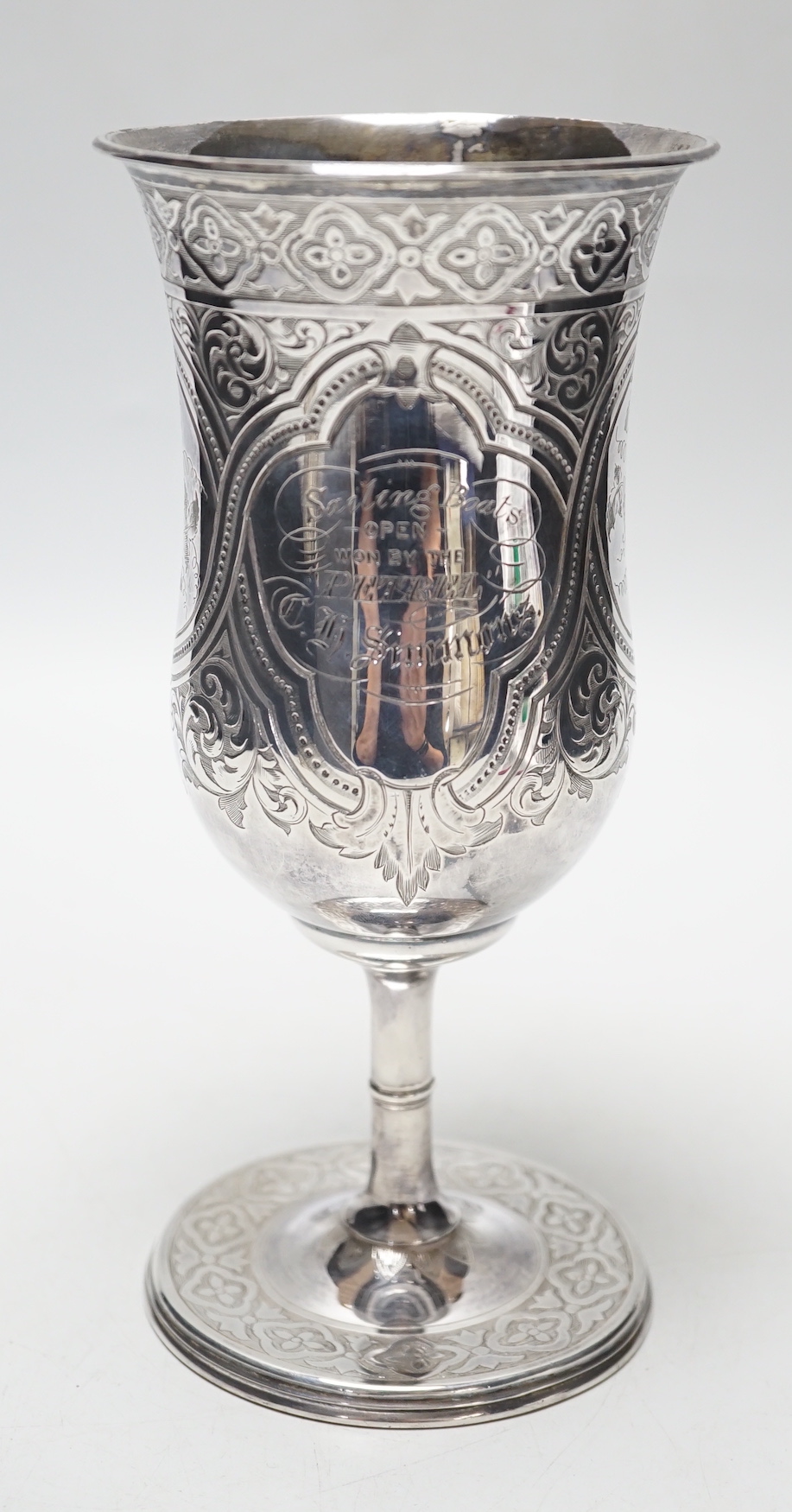 A Victorian silver engraved presentation trophy cup, IH, Sheffield, 1860, 19.1cm, 8.4oz.
